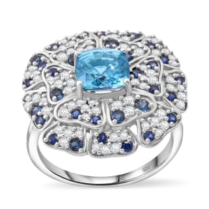 Premium Cambodian Blue Zircon and Multi Gemstone 4.10 ctw Ring in Rhodium Over Sterling Silver (Size 10.0)