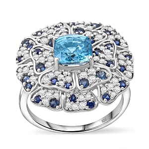 Premium Cambodian Blue Zircon, Multi Gemstone Ring in Rhodium Over Sterling Silver (Size 5.0) 4.10 ctw