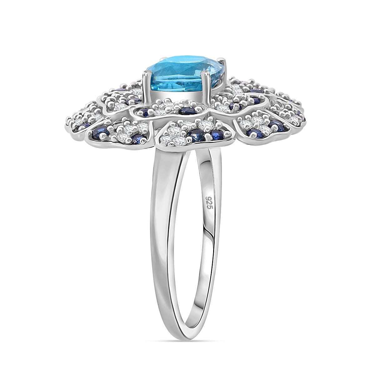 Premium Cambodian Blue Zircon and Multi Gemstone 4.10 ctw Ring in Rhodium Over Sterling Silver (Size 6.0)