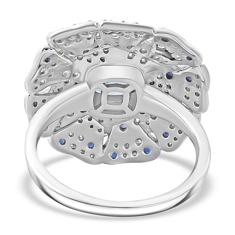 Premium Cambodian Blue Zircon and Multi Gemstone 4.10 ctw Ring in Rhodium Over Sterling Silver (Size 6.0)