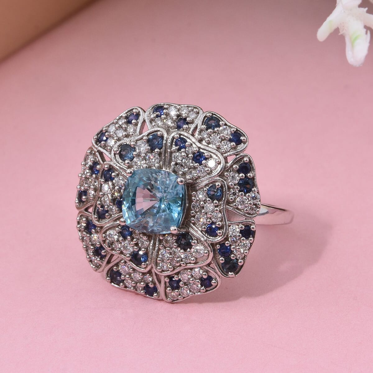 Premium Cambodian Blue Zircon and Multi Gemstone 4.10 ctw Ring in Rhodium Over Sterling Silver (Size 7.0) image number 1