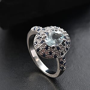 D'Joy Premium Mangoro Aquamarine and Multi Gemstone 2.00 ctw Arctic Galaxy Ring in Rhodium Over Sterling Silver (Size 5.0) 