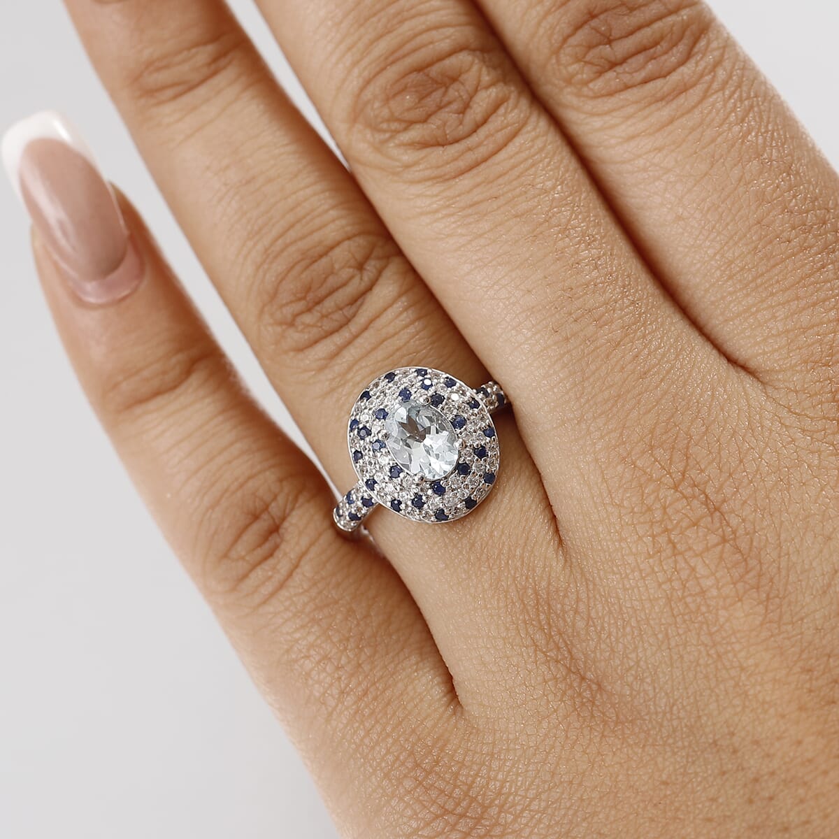 Aquamarine ,  Blue Sapphire ,  White Zircon  Main Stone With Side Stone Ring in Rhodium Overlay Sterling Silver 2.13 ctw ,  Silver Wt. 5 g image number 2