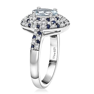 D'Joy Premium Mangoro Aquamarine and Multi Gemstone 2.00 ctw Arctic Galaxy Ring in Rhodium Over Sterling Silver (Size 5.0) 