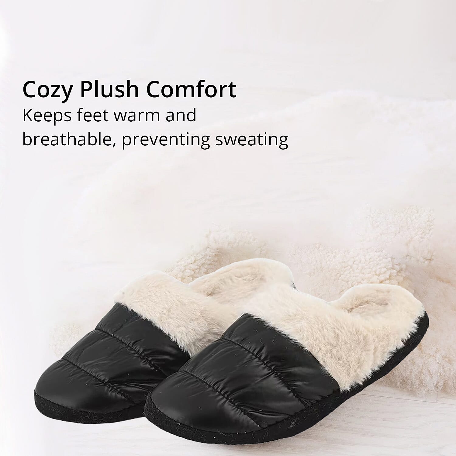 Black Metallic Plush Slippers with Memory Foam and Faux Fur Lining – S Womens Size 5/6