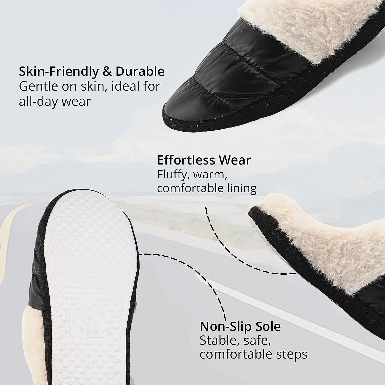 Black Metallic Plush Slippers with Memory Foam and Faux Fur Lining – S Womens Size 5/6