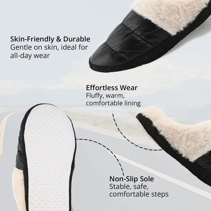 Black Metallic Plush Slippers with Memory Foam and Faux Fur Lining – S Womens Size 5/6