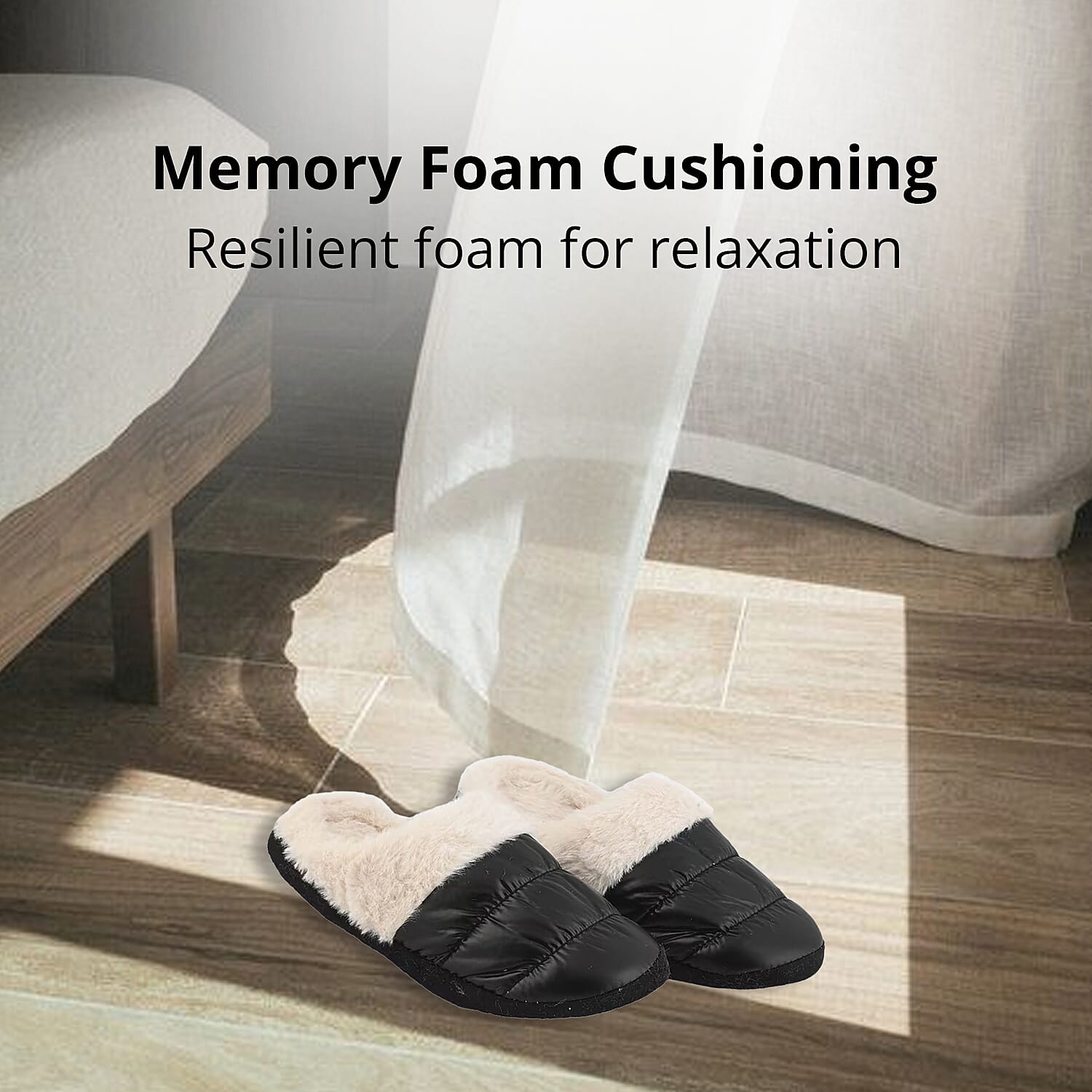Black Metallic Plush Slippers with Memory Foam and Faux Fur Lining – S Womens Size 5/6