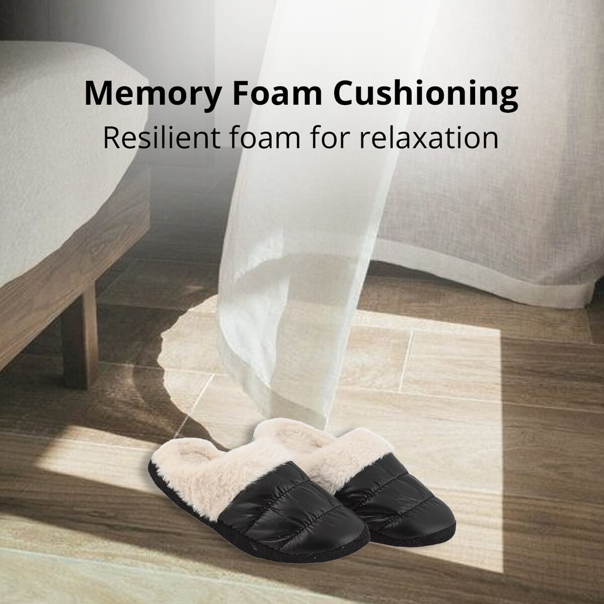 Black Metallic Plush Slippers with Memory Foam and Faux Fur Lining – S Womens Size 5/6 image number 3