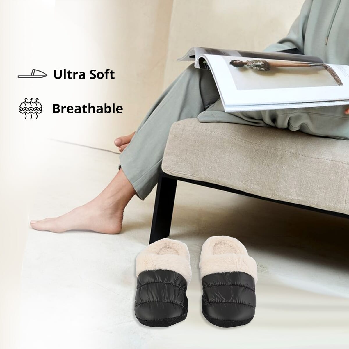 Black Metallic Plush Slippers with Memory Foam and Faux Fur Lining – S Womens Size 5/6 image number 5