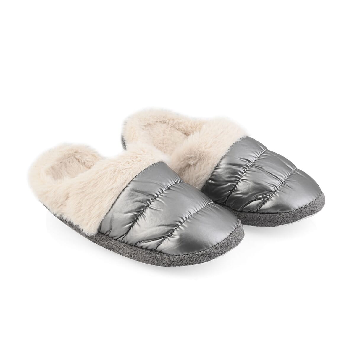 Silver Metallic Plush Slippers with Memory Foam and Faux Fur Lining – S Womens Size 5/6 image number 0