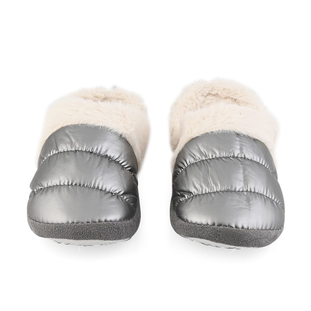 Silver Metallic Plush Slippers with Memory Foam and Faux Fur Lining – S Womens Size 5/6 image number 1