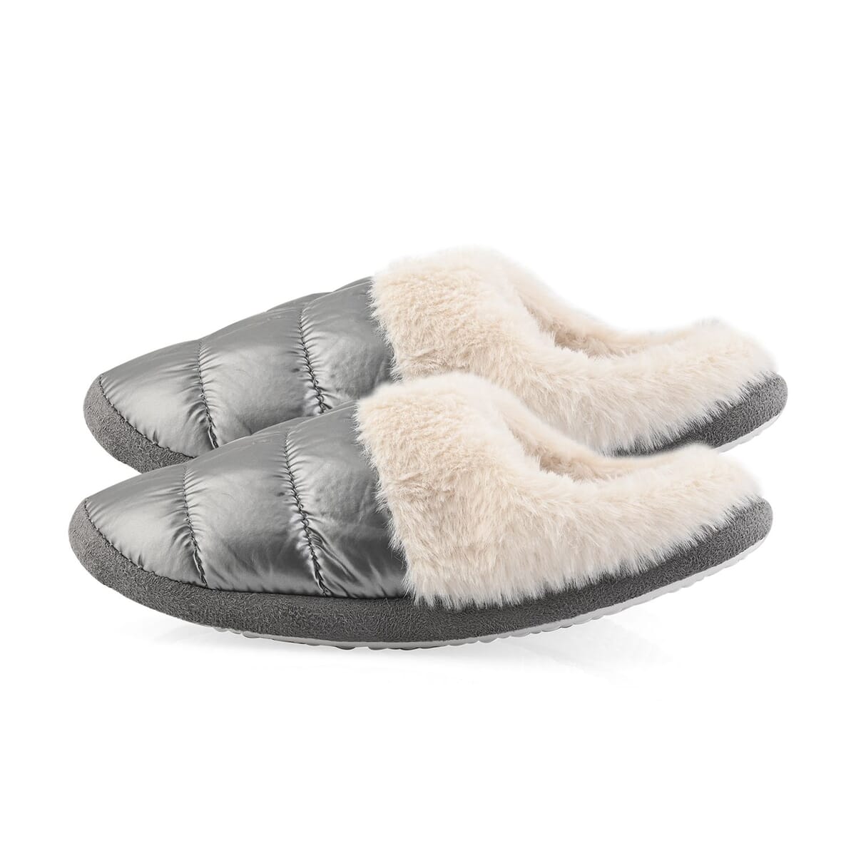 Silver Metallic Plush Slippers with Memory Foam and Faux Fur Lining – S Womens Size 5/6 image number 3