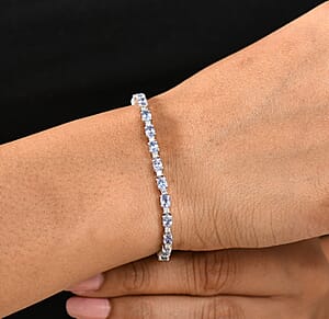 Ceylon Blue Sapphire and Luxuriant Lab Grown Diamond 7.00 ctw Water Bubbles Bracelet in Rhodium Over Sterling Silver (6.50 In)