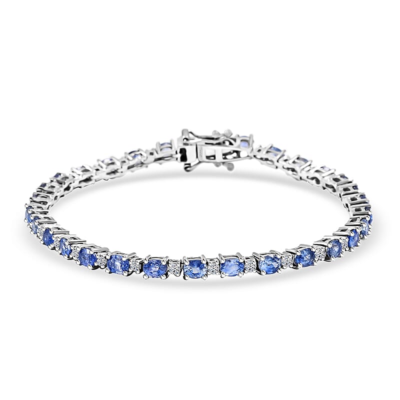 Ceylon Blue Sapphire and Luxuriant Lab Grown Diamond 7.10 ctw Water Bubbles Bracelet in Rhodium Over Sterling Silver (7.25 In)