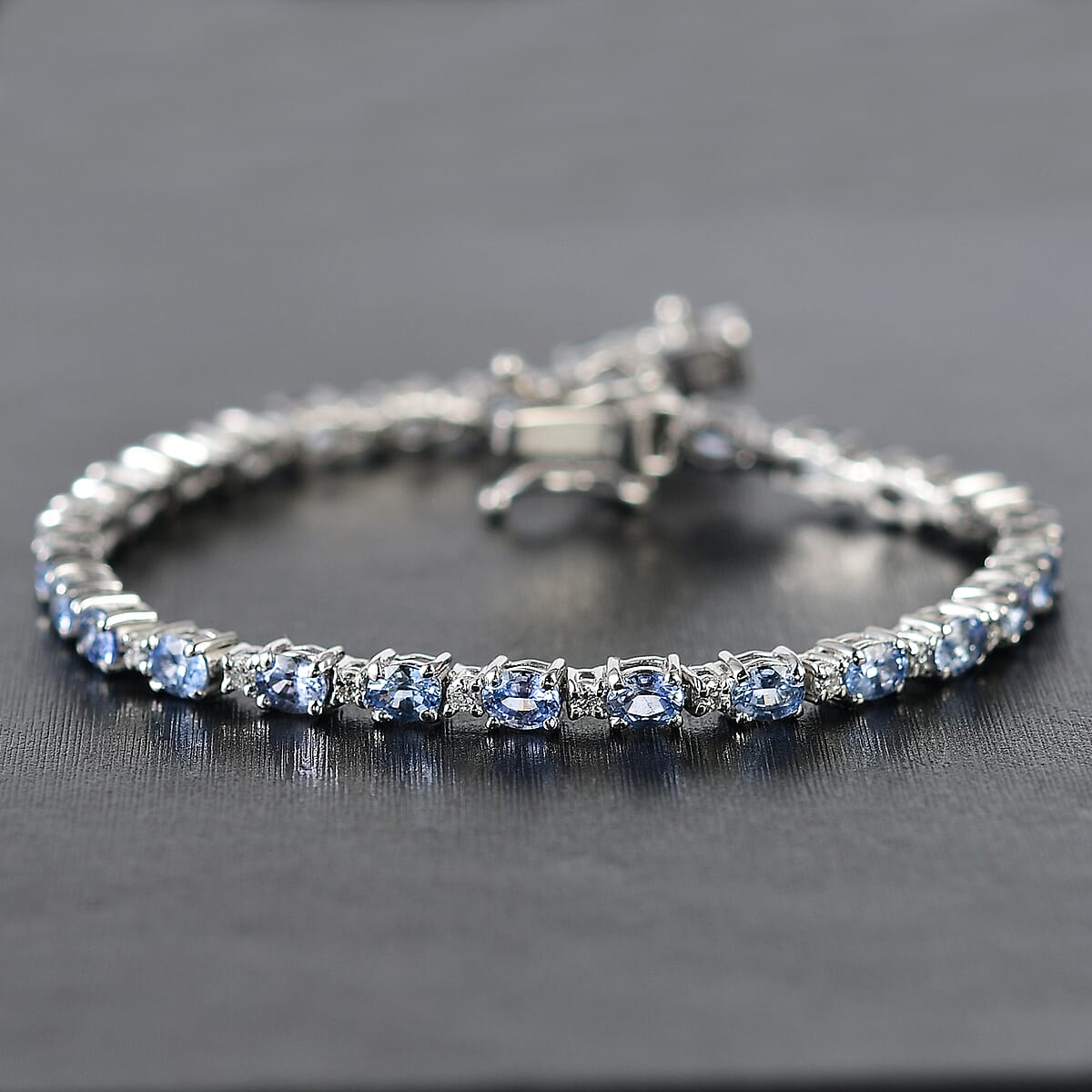 Ceylon Blue Sapphire and Luxuriant Lab Grown Diamond 7.50 ctw Water Bubbles Bracelet in Rhodium Over Sterling Silver (8.00 In) image number 1