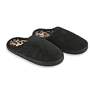 Black Micro Velour Leopard Lined Slippers with Memory Foam– S Womens Size 5/6