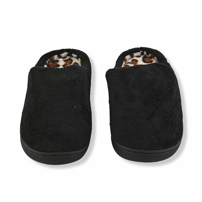 Black Micro Velour Leopard Lined Slippers with Memory Foam– S Womens Size 5/6