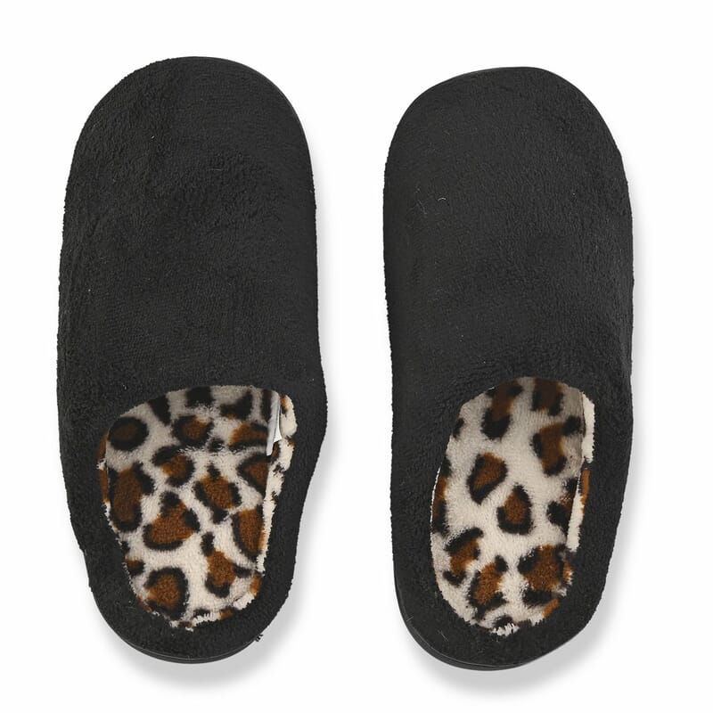 Black Micro Velour Leopard Lined Slippers with Memory Foam– S Womens Size 5/6