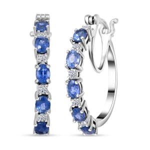 Ceylon Blue Sapphire and Luxuriant Lab Grown Diamond 2.65 ctw Water Bubbles Hoop Earrings in Rhodium Over Sterling Silver