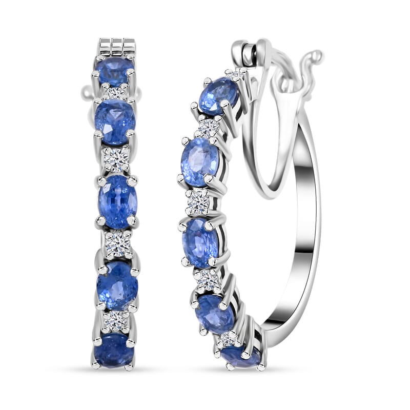 Ceylon Blue Sapphire and Luxuriant Lab Grown Diamond 2.65 ctw Water Bubbles Hoop Earrings in Rhodium Over Sterling Silver