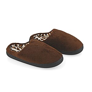 Brown Micro Velour Leopard Lined Slippers with Memory Foam&ndash; S Womens Size 5/6
