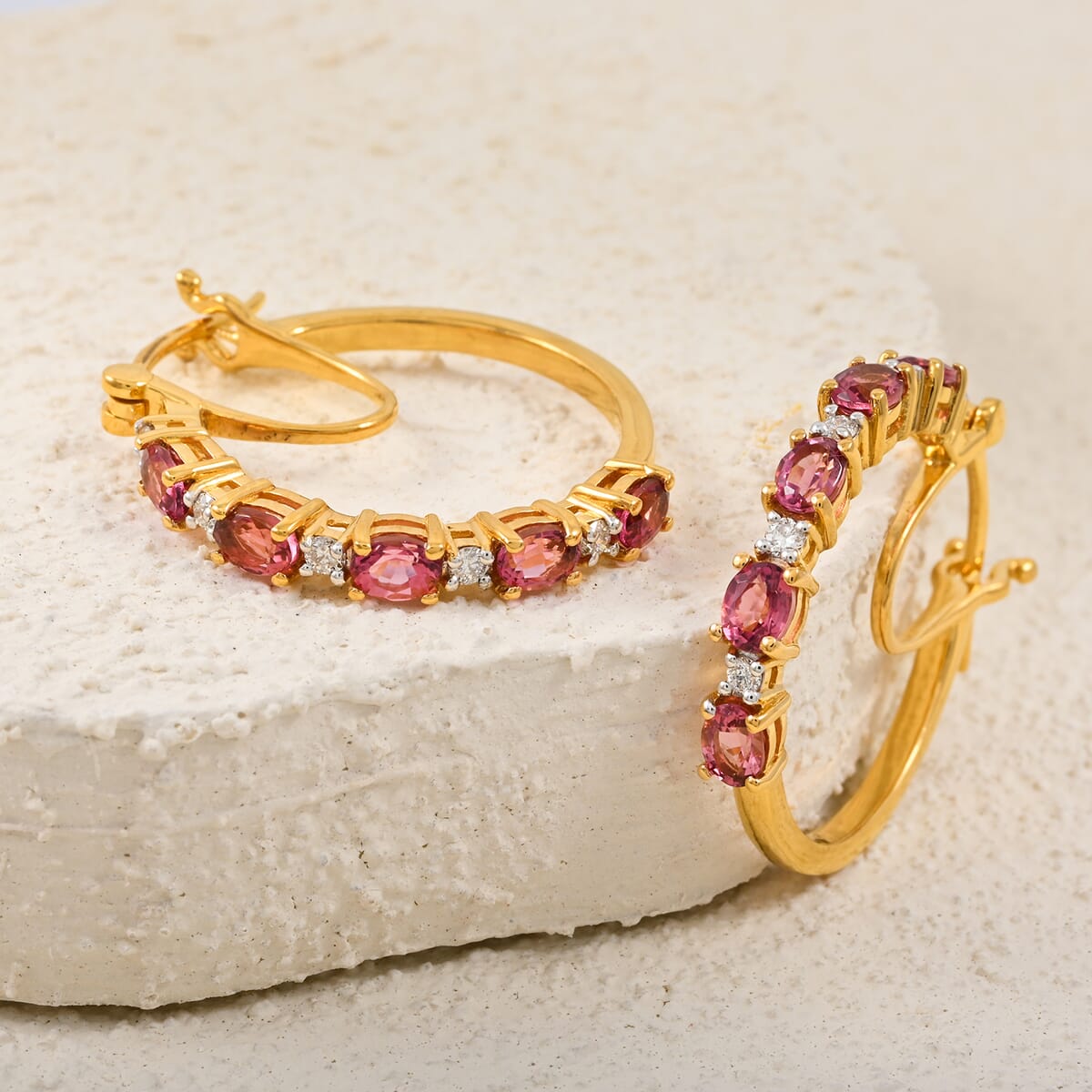 Ouro Fino Rubellite and Luxuriant Lab Grown Diamond 2.30 ctw Water Bubbles Hoop Earrings in 18K Vermeil Yellow Gold Over Sterling Silver image number 1
