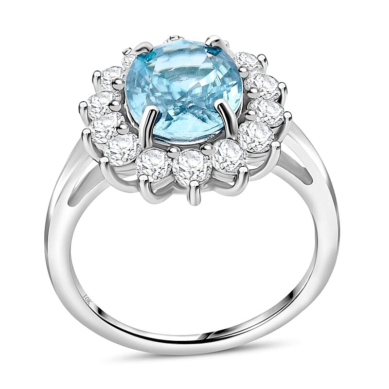 AAA Cambodian Blue Zircon and Luxuriant Lab Grown Diamond (SI) 5.00 ctw Sunburst Ring in 10K White Gold (Size 10.0)
