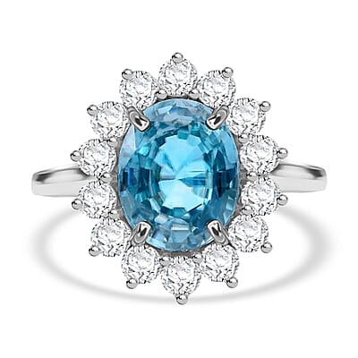AAA Cambodian Blue Zircon and Luxuriant Lab Grown Diamond (SI) 5.00 ctw Sunburst Ring in 10K White Gold (Size 10.0)