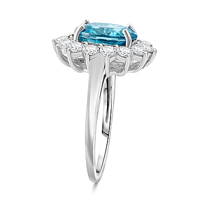 AAA Cambodian Blue Zircon and Luxuriant Lab Grown Diamond (SI) 5.00 ctw Sunburst Ring in 10K White Gold (Size 10.0)