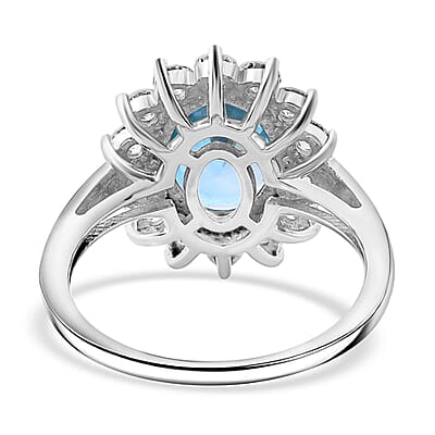 AAA Cambodian Blue Zircon and Luxuriant Lab Grown Diamond (SI) 5.00 ctw Sunburst Ring in 10K White Gold (Size 10.0)
