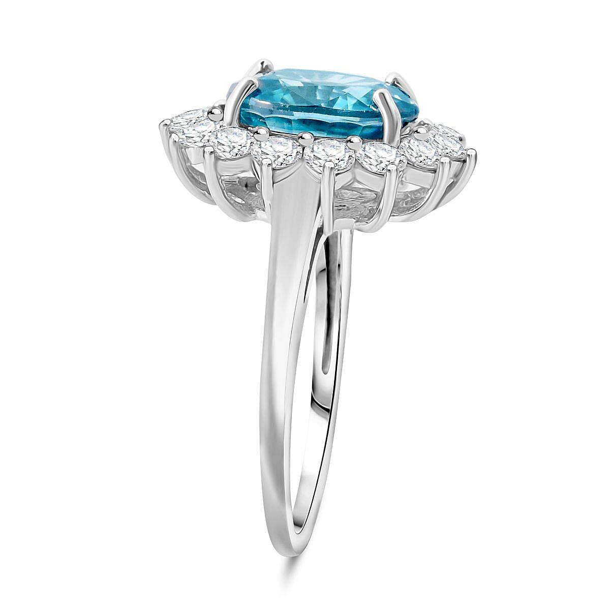 Luxuriant AAA Cambodian Blue Zircon and Lab Grown Diamond (SI) 5.00 ctw Sunburst Ring in 10K White Gold (Size 6.0) image number 4