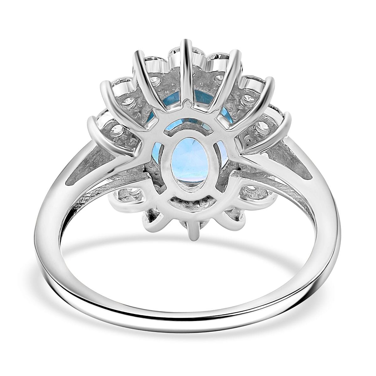 Luxuriant AAA Cambodian Blue Zircon and Lab Grown Diamond (SI) 5.00 ctw Sunburst Ring in 10K White Gold (Size 7.0) image number 5