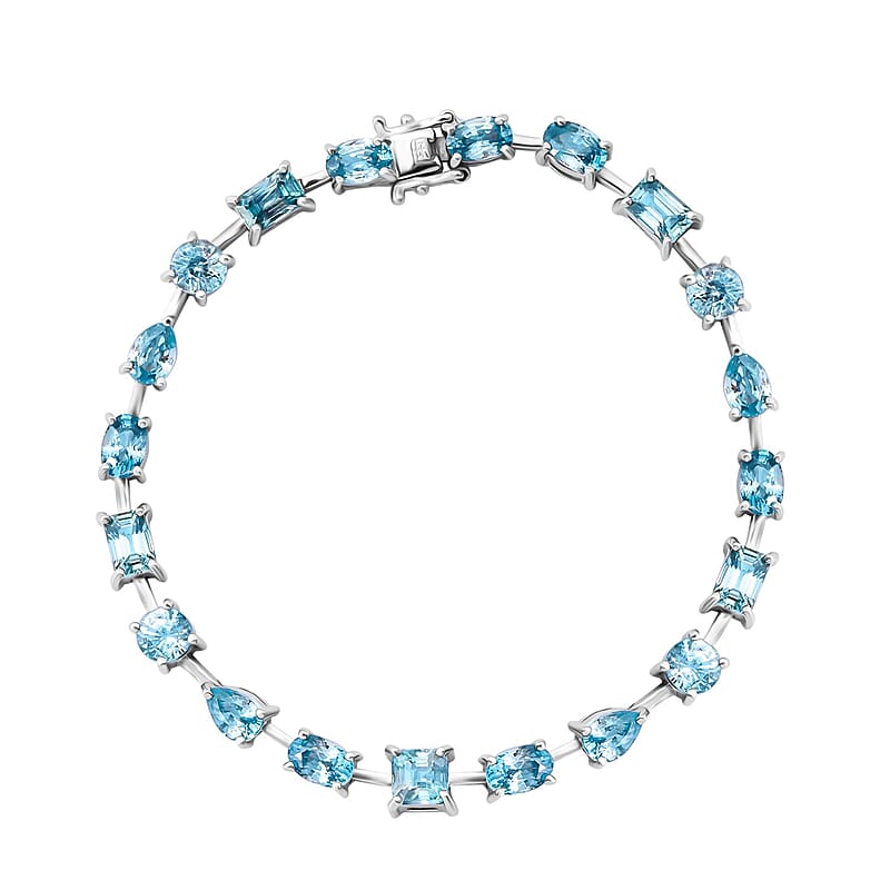 Premium Cambodian Blue Zircon 15.50 ctw Bracelet in Rhodium Over Sterling Silver (7.25 In)