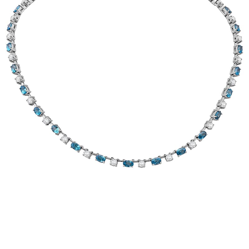 Premium Cambodian Blue Zircon and Moissanite 29.70 ctw Necklace in Rhodium Over Sterling Silver 18 Inches