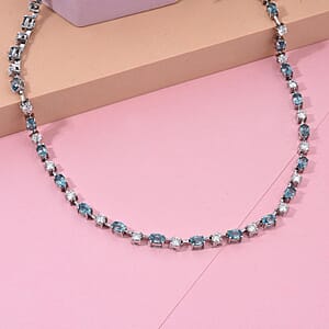 Premium Cambodian Blue Zircon and Moissanite 29.70 ctw Necklace in Rhodium Over Sterling Silver 18 Inches