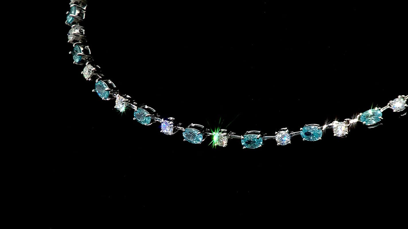 Premium Cambodian Blue Zircon and Moissanite 29.70 ctw Necklace in Rhodium Over Sterling Silver 18 Inches