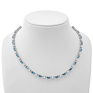 Premium Cambodian Blue Zircon and Moissanite 29.70 ctw Necklace in Rhodium Over Sterling Silver 18 Inches