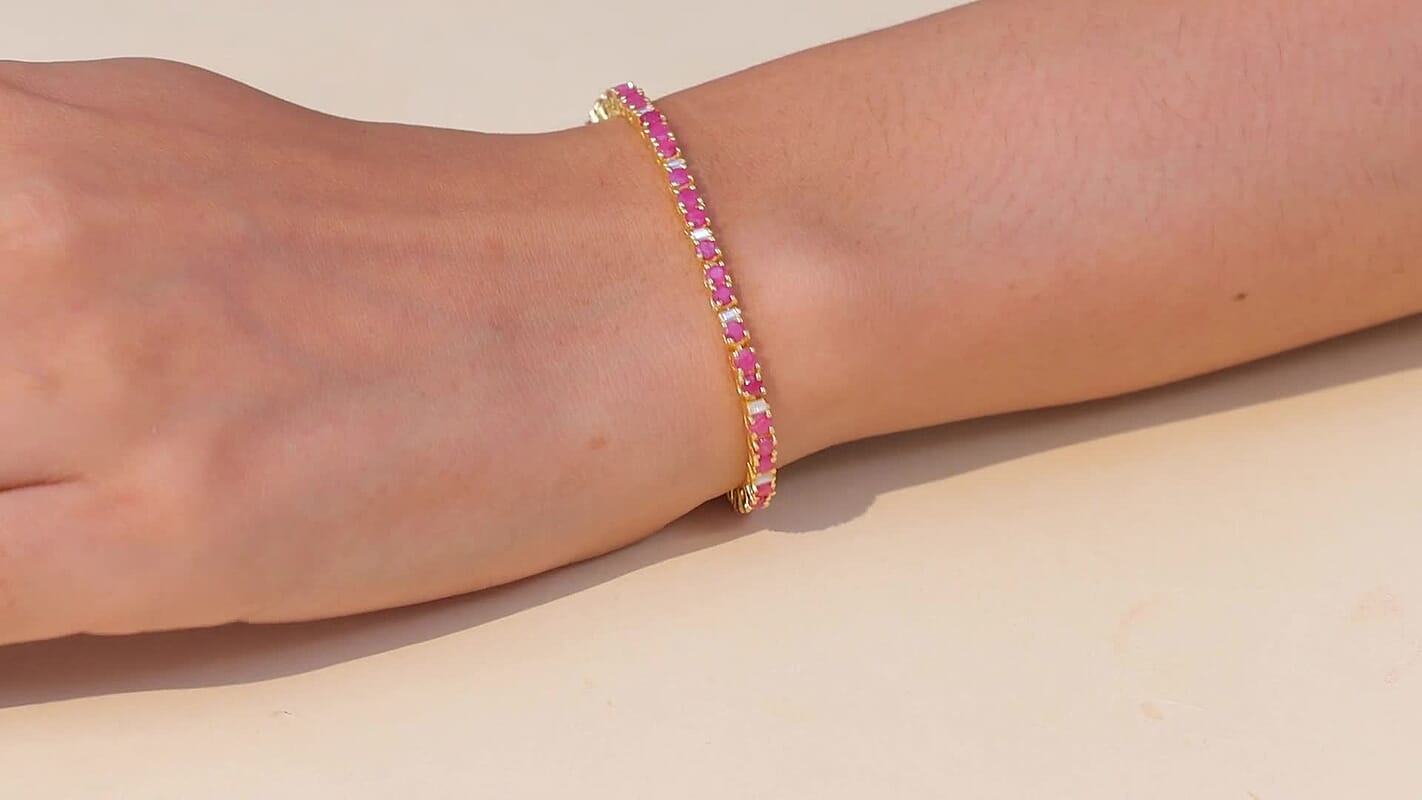 EverTrue Niassa Ruby (FF) and Moissanite 6.80 ctw Bracelet in 18K YG Plated (7.25 In)