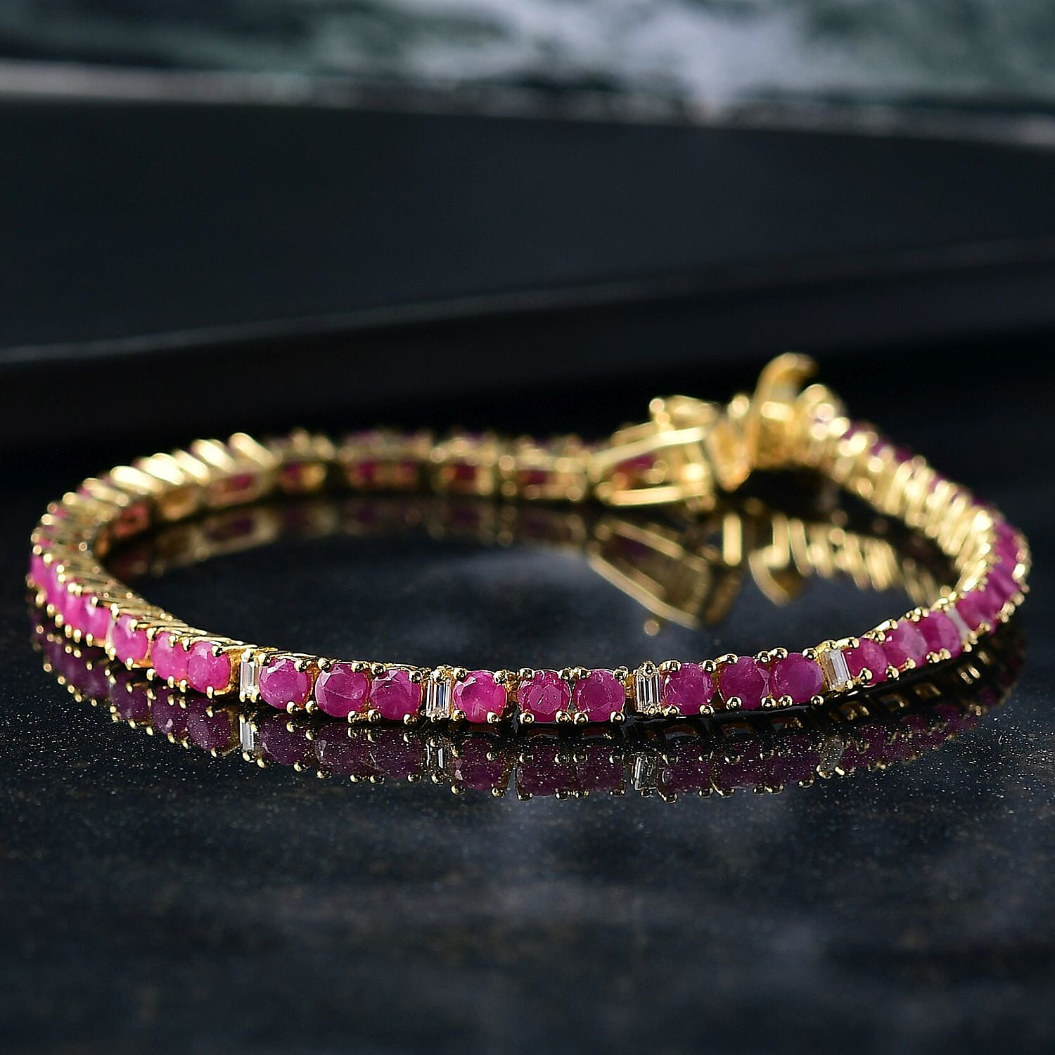 EverTrue Ruby and Moissanite 6.80 ctw Minimalist Aura Bracelet in 18K YG Plated (7.25 In)