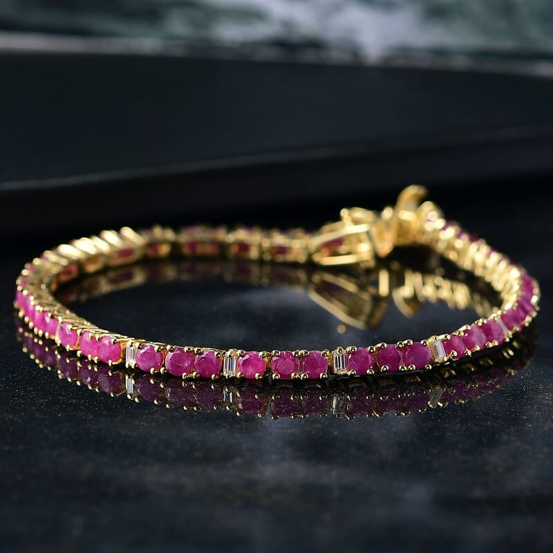 EverTrue Ruby and Moissanite 6.80 ctw Minimalist Aura Bracelet in 18K YG Plated (7.25 In)