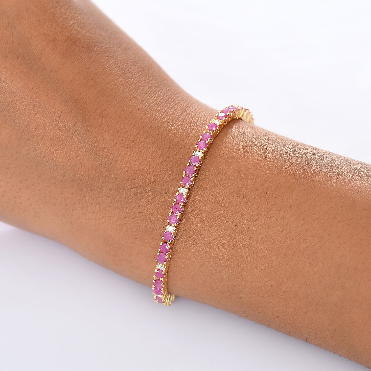 EverTrue Ruby and Moissanite 6.80 ctw Minimalist Aura Bracelet in 18K YG Plated (7.25 In)