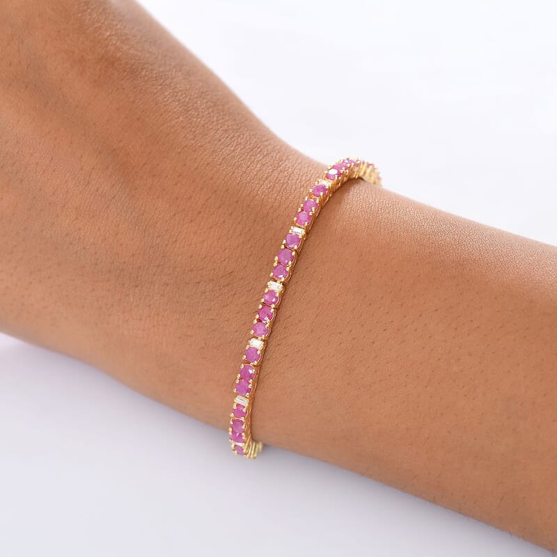 EverTrue Ruby and Moissanite 6.80 ctw Minimalist Aura Bracelet in 18K YG Plated (7.25 In)