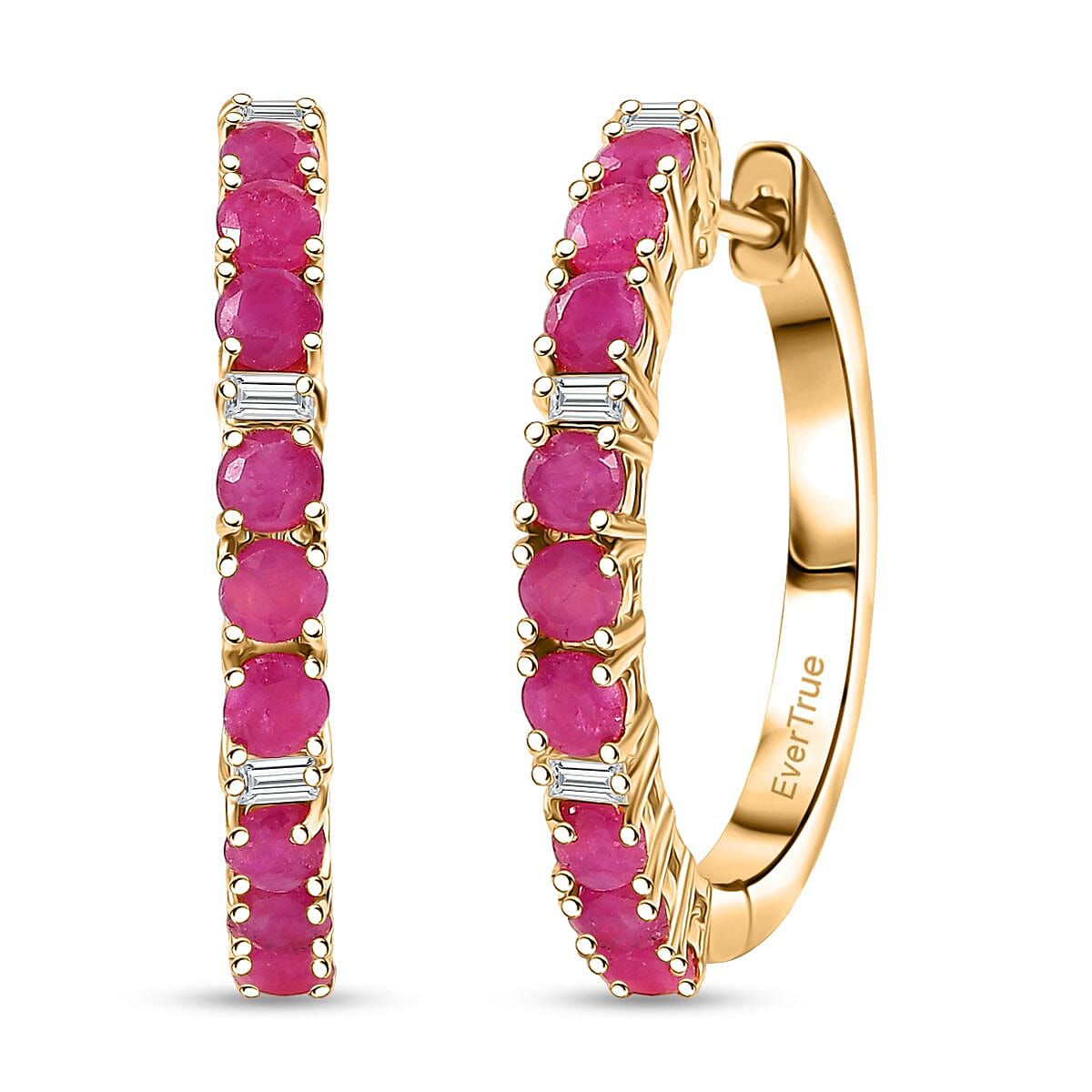 EverTrue Ruby, Moissanite Hoop Earrings in 18K YG Plated 2.50 ctw