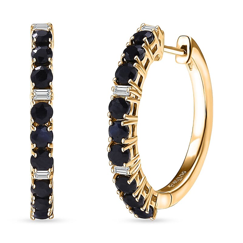EverTrue Blue Sapphire and Moissanite 2.40 ctw Minimalist Aura Hoop Earrings in 18K Yellow Gold Plated