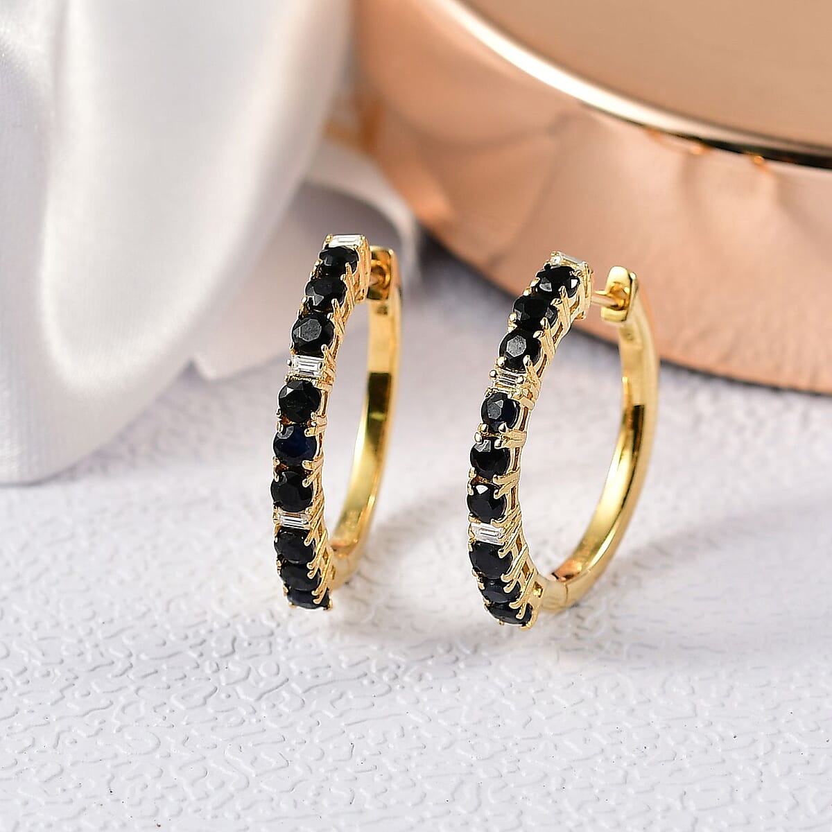 EverTrue Blue Sapphire and Moissanite 2.40 ctw Minimalist Aura Hoop Earrings in 18K Yellow Gold Plated image number 1