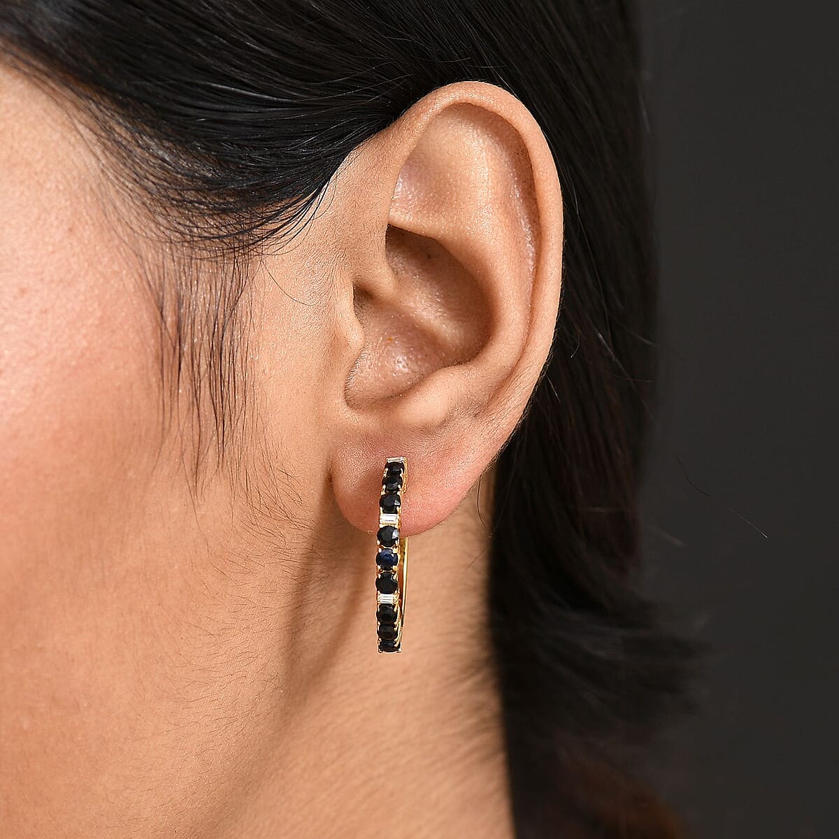 EverTrue Blue Sapphire and Moissanite 2.40 ctw Minimalist Aura Hoop Earrings in 18K Yellow Gold Plated image number 2