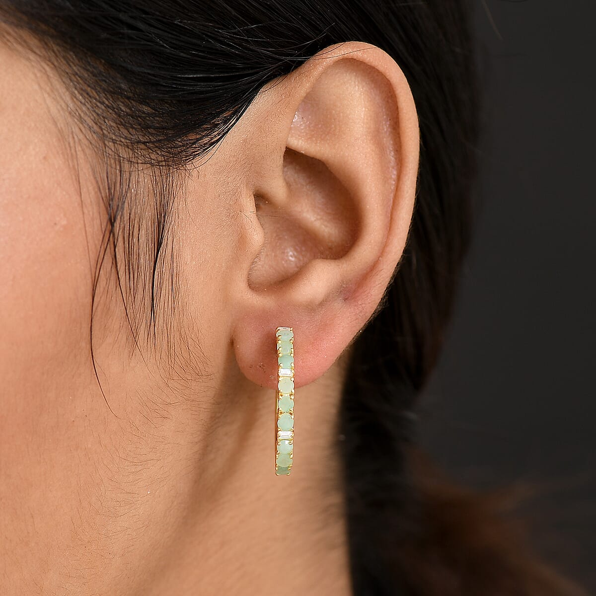EverTrue Emerald and Moissanite 1.70 ctw Minimalist Aura Hoop Earrings in 18K Yellow Gold Plated image number 2