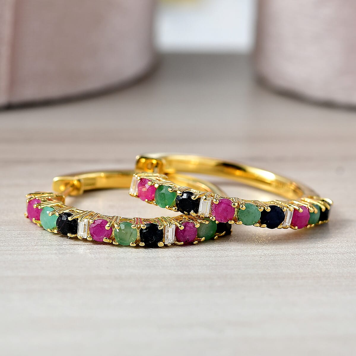 EverTrue Multi Gemstone 2.20 ctw Minimalist Aura Hoop Earrings in 18K Yellow Gold Plated image number 1