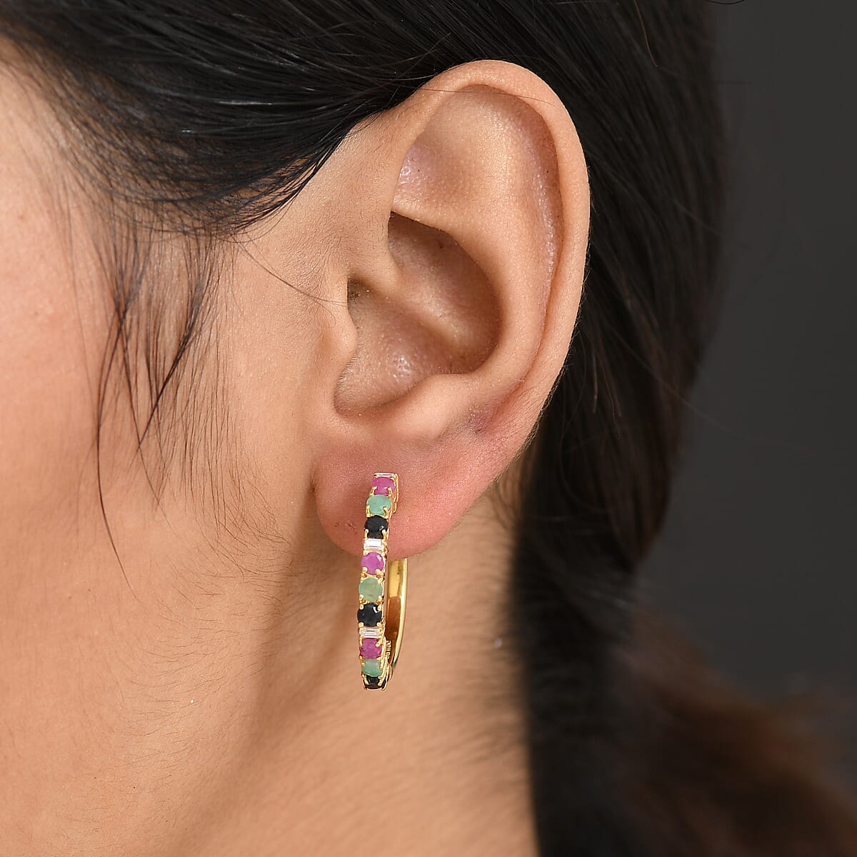 EverTrue Multi Gemstone 2.20 ctw Minimalist Aura Hoop Earrings in 18K Yellow Gold Plated image number 2